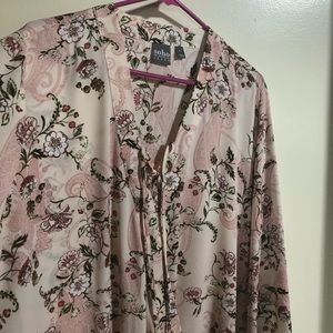 Pink Floral Faux Wrap Blouse w/ Long Sleeves NWOT